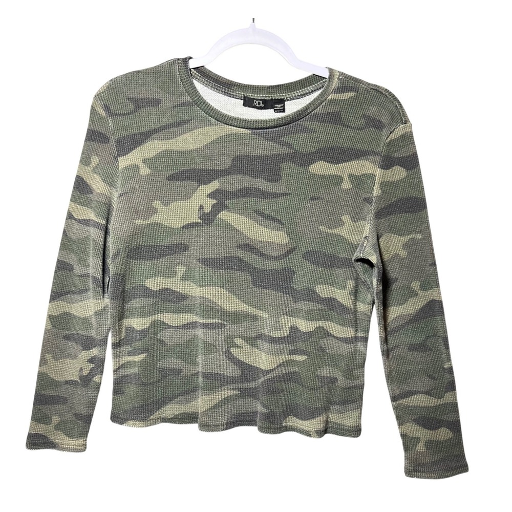 RDI Womens Camo Waffle‎ Knit Thermal Long Sleeve Top Green M Faded